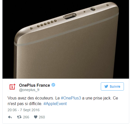 OnePlus 3 se moque de iPhone de l'abscence de la prise jack